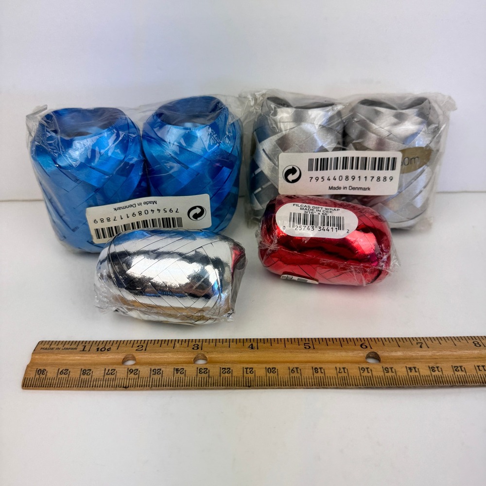 Lot of 6 Vtg Roll Silver Red Blue Gray Metallic Gift Wrap Curling Ribbon Shimmer